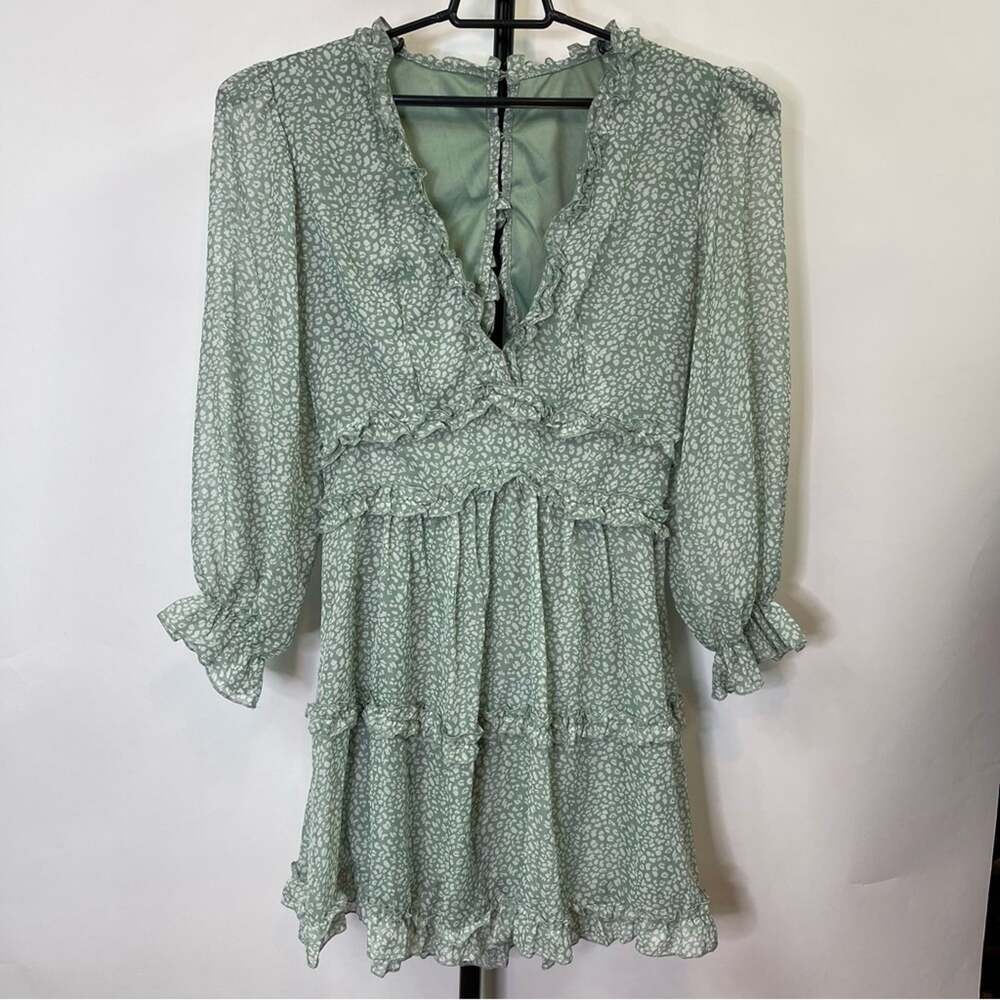 Unbrand Green Ruffle Backless Summer Dress with White Flowers Size Large Women’s